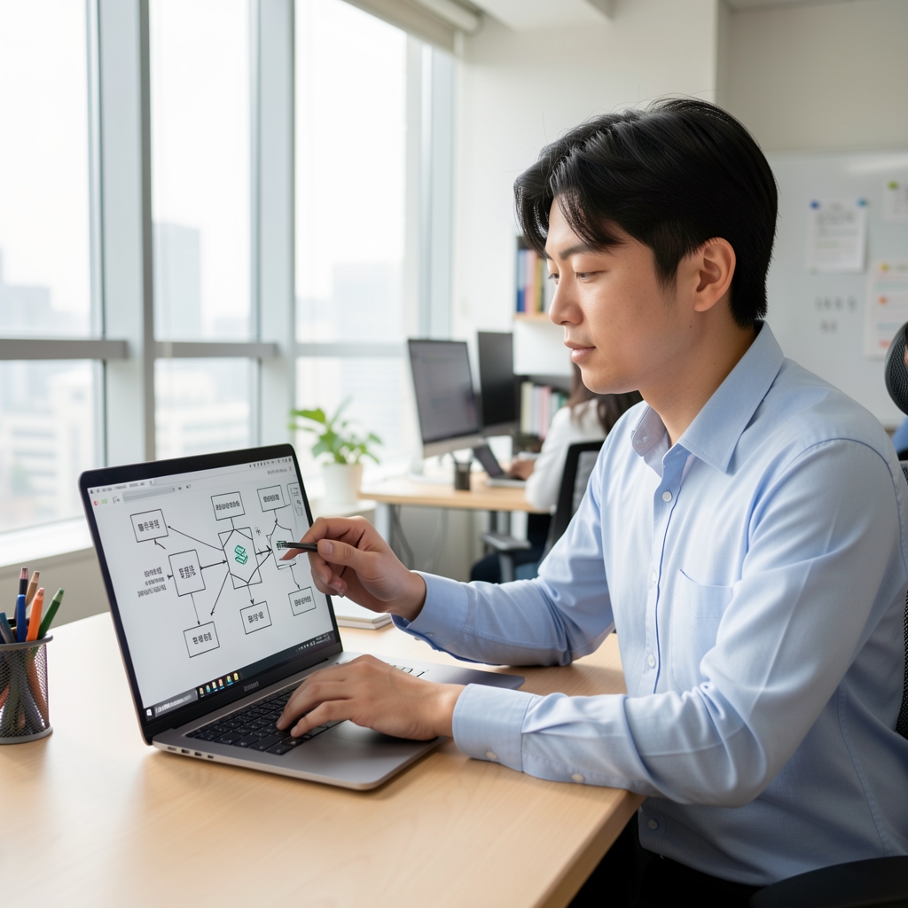 Researcher studying a schematic of blockchain architecture beside a laptop in a bright Seoul workspace