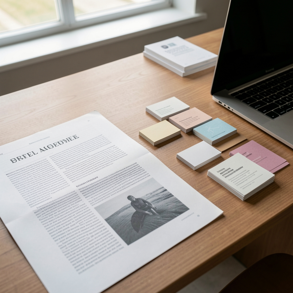 Editorial article desk with printed source pages, a laptop, and organized research cards