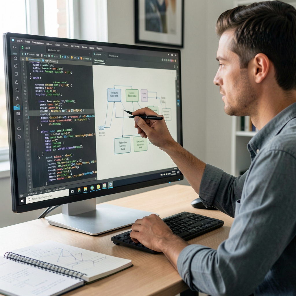 Developer reviewing program code and account diagrams on a large monitor beside a technical notebook