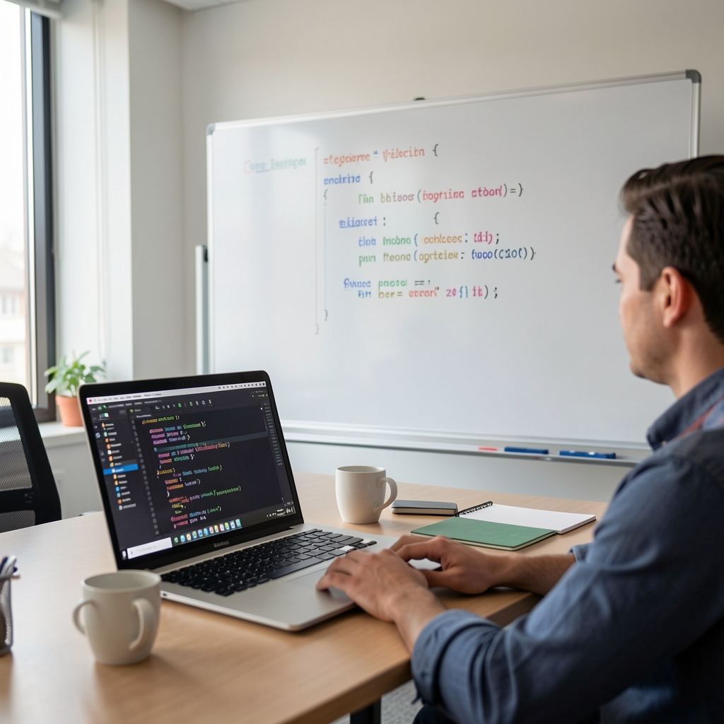 Developer workshop with laptop code editor and whiteboard showing program instructions