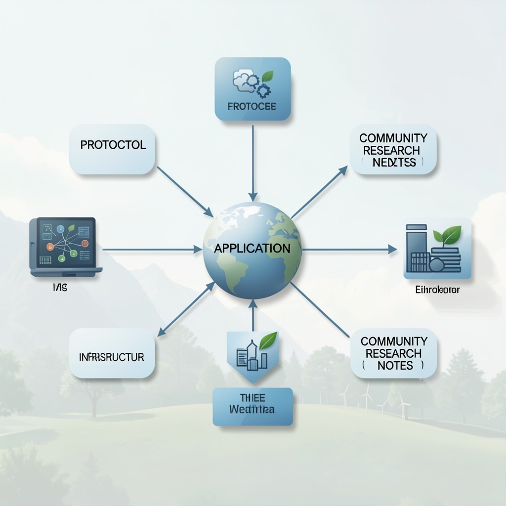 Clean ecosystem diagram connecting protocol, application, infrastructure, and community research notes