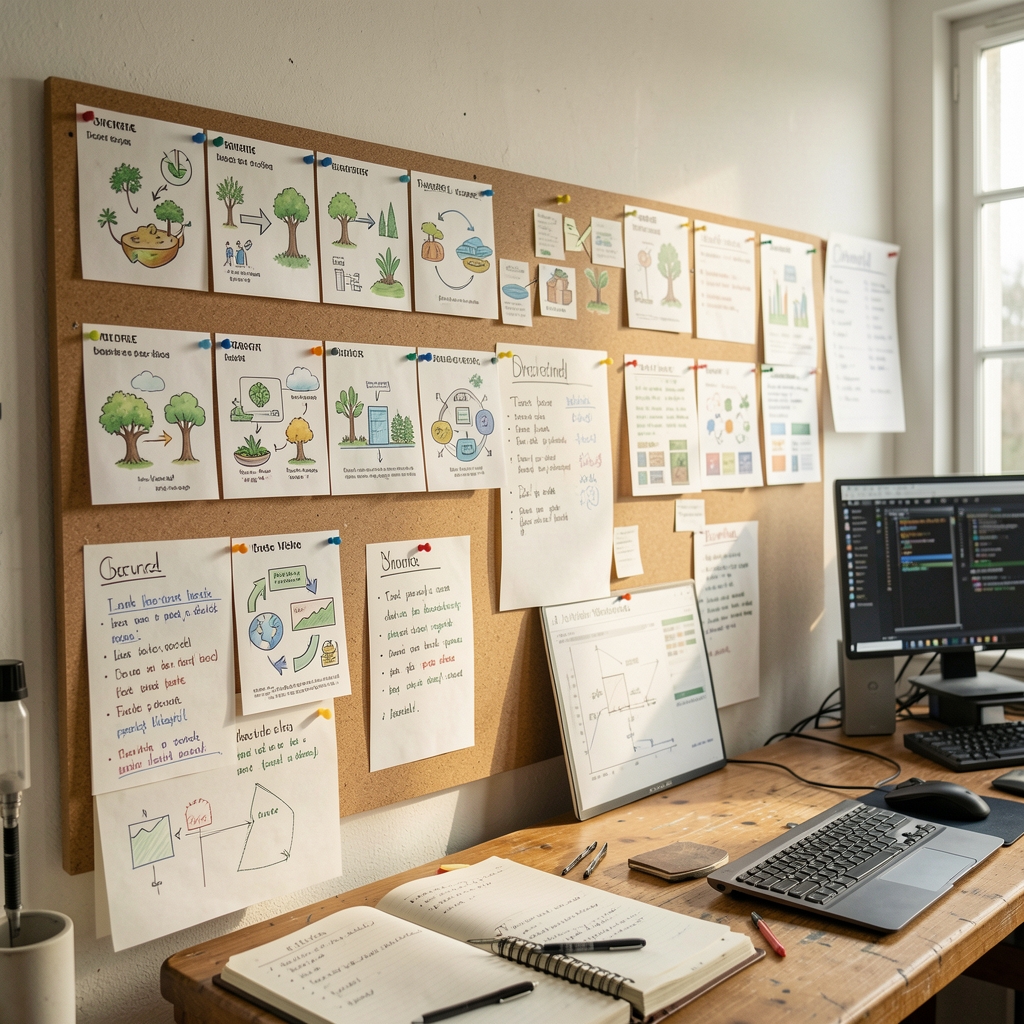 Workshop wall showing ecosystem relationship cards, open-source notes, and connected technology topics