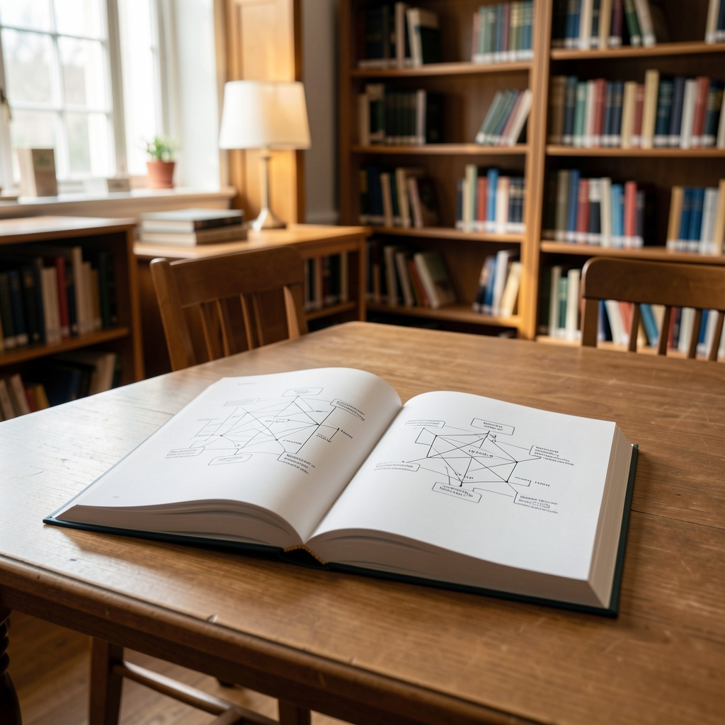 Open technical guidebook and network diagram on a quiet library table