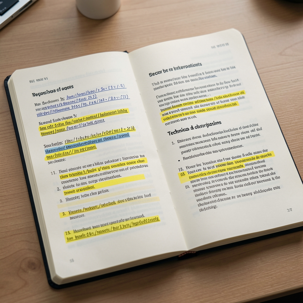 Research notebook with dated source links, printed documentation, and highlighted technical observations