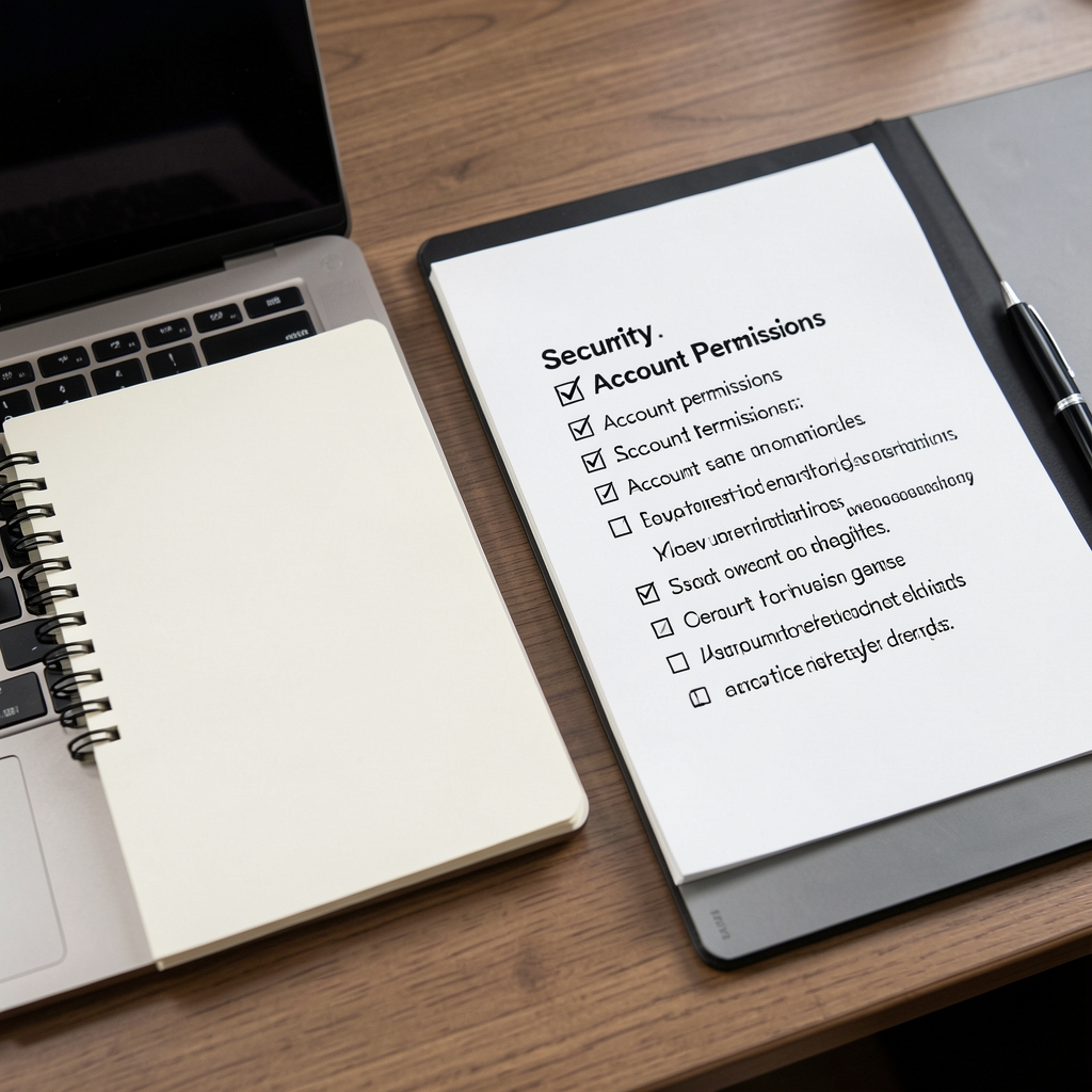 Security review notebook beside a locked laptop showing a checklist of account permissions
