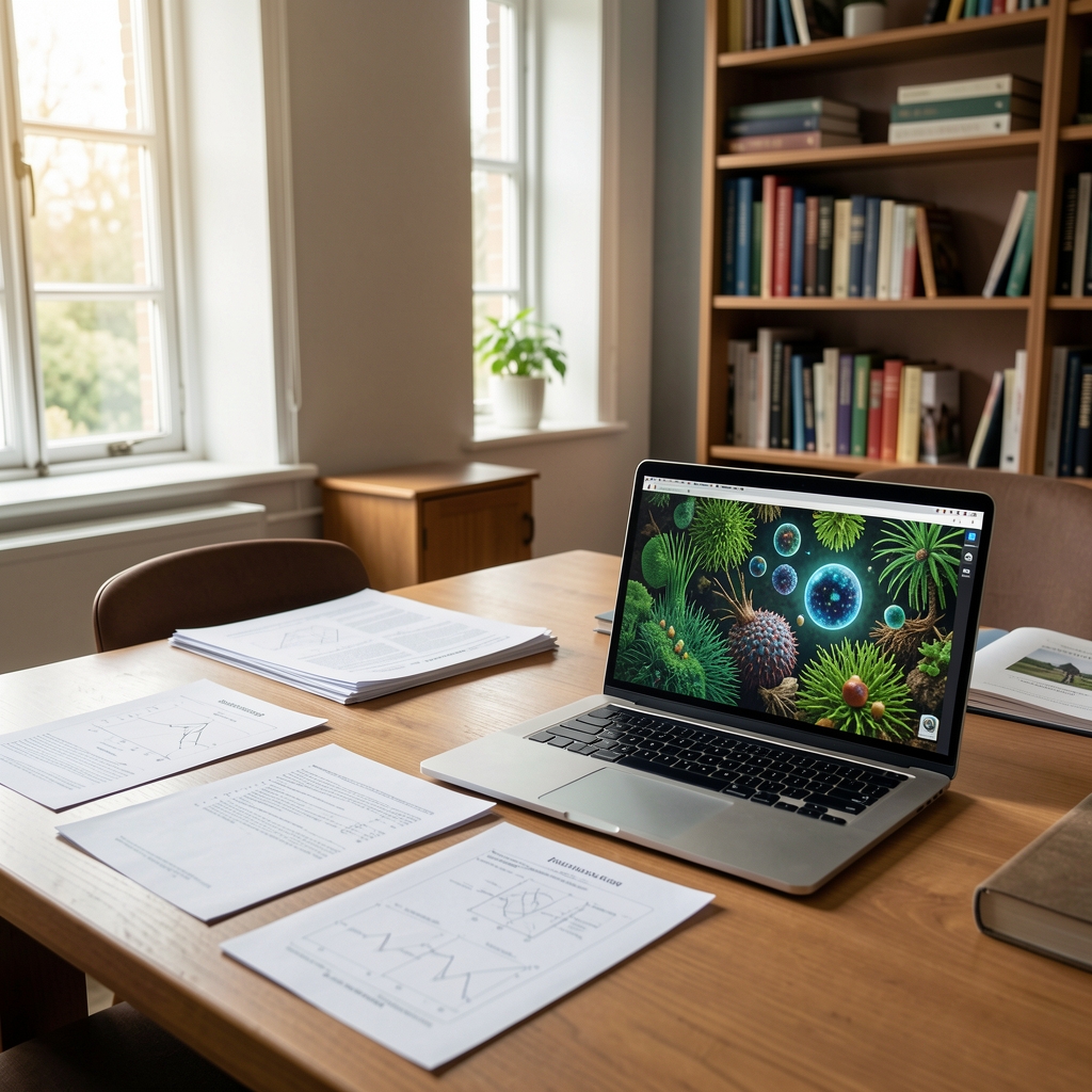 Quiet Seoul reading room with printed technical papers and a laptop displaying ecosystem research
