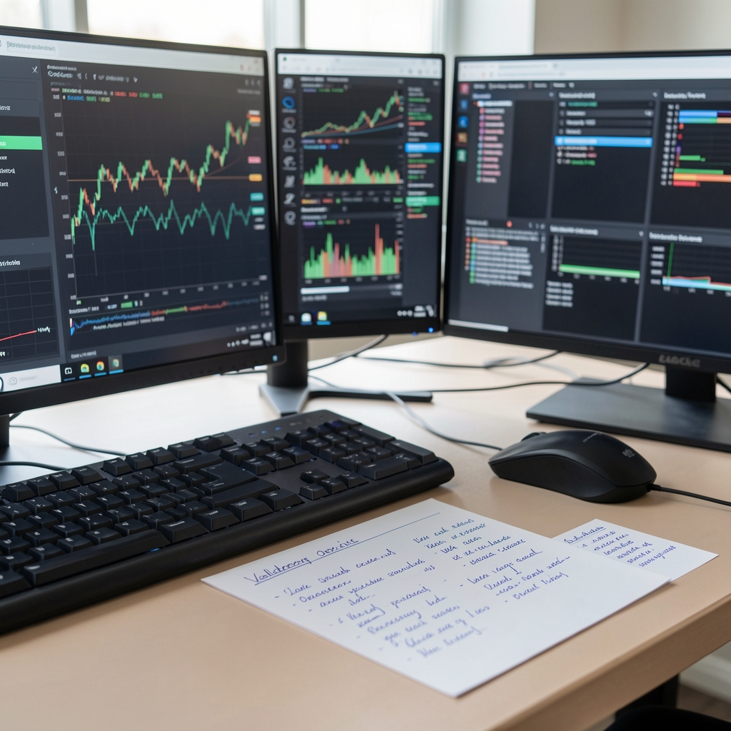 Close view of a validator operations desk with monitoring screens and handwritten network notes
