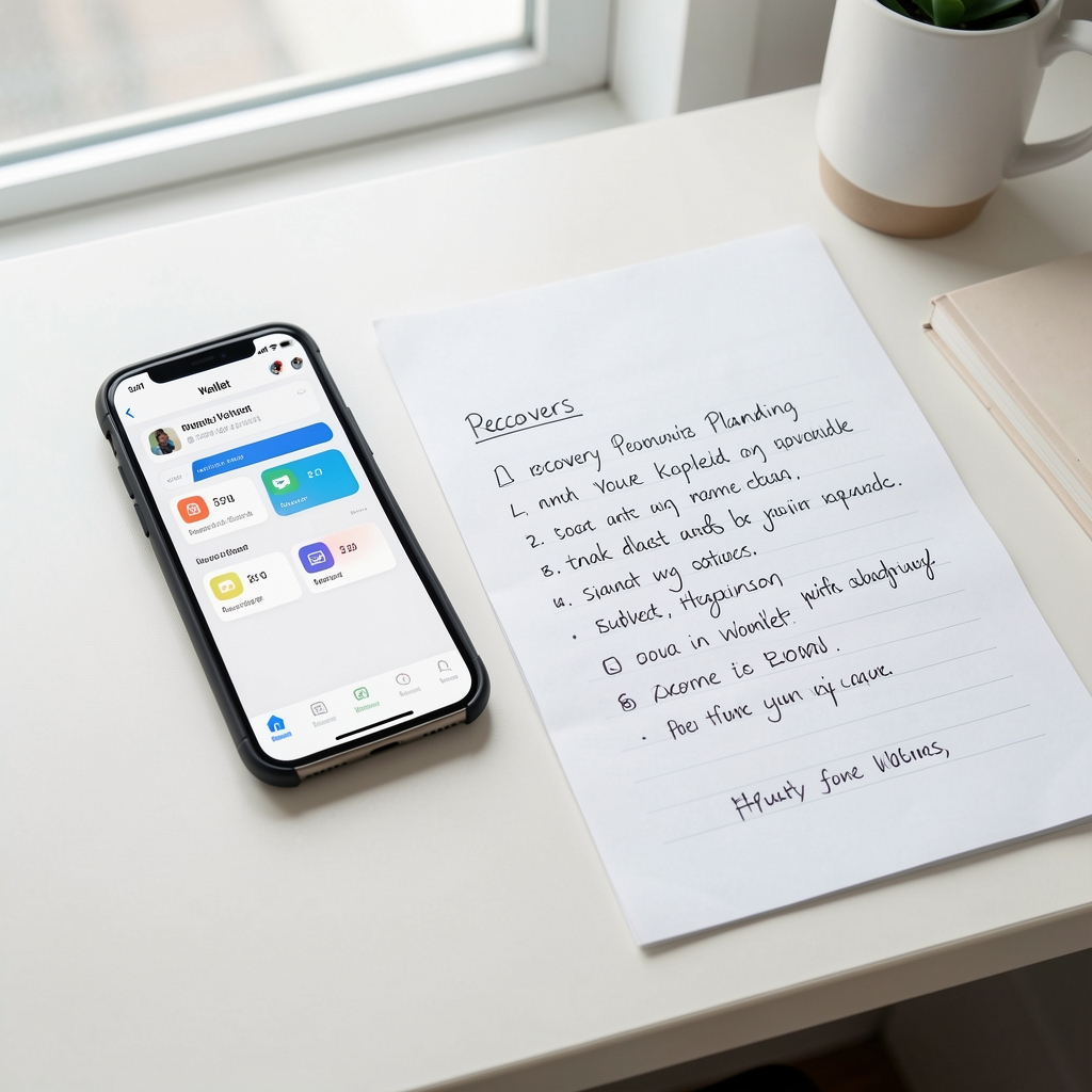 Mobile wallet interface beside a handwritten recovery planning sheet on a bright desk