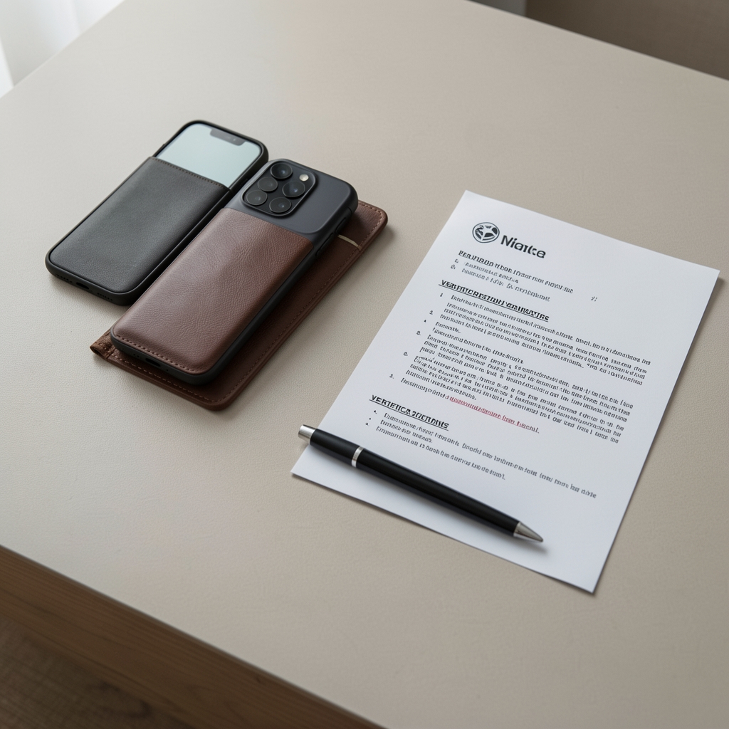 Careful wallet setup with a phone, hardware device, and printed verification steps arranged on a neutral table