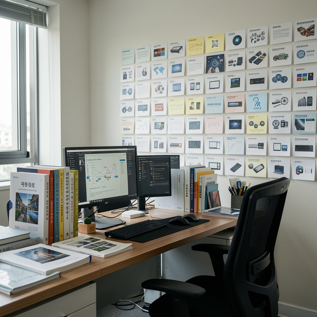 Editorial workspace in Seoul with research books, monitors, and a wall of technology topic cards